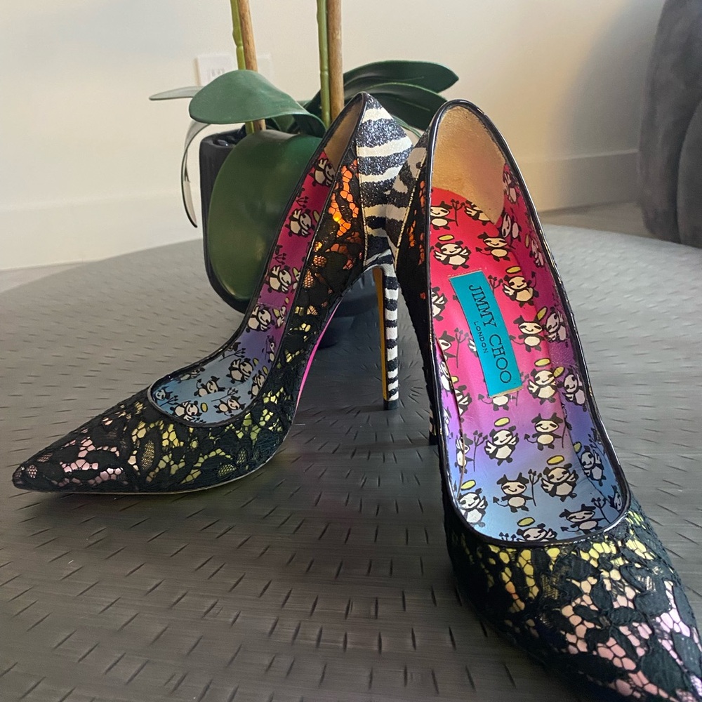Jimmy Choo Black Lace Pumps with Multicolor Gradient Interior